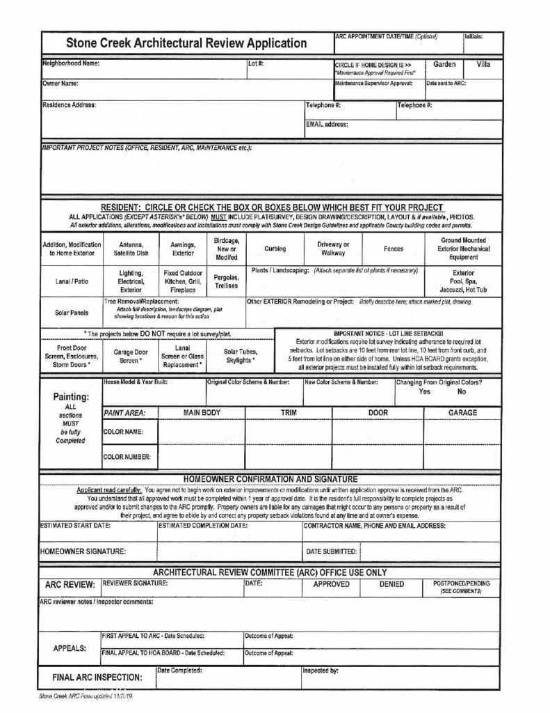 ARC Application and Documentation Requirements – Stone Creek